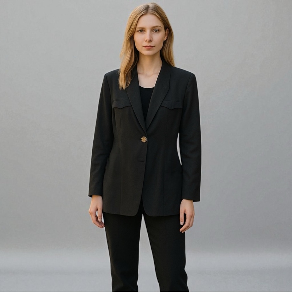 Mirrors Black Blazer Jacket Single Button Gold Accents 80-90s Retro Size Small
